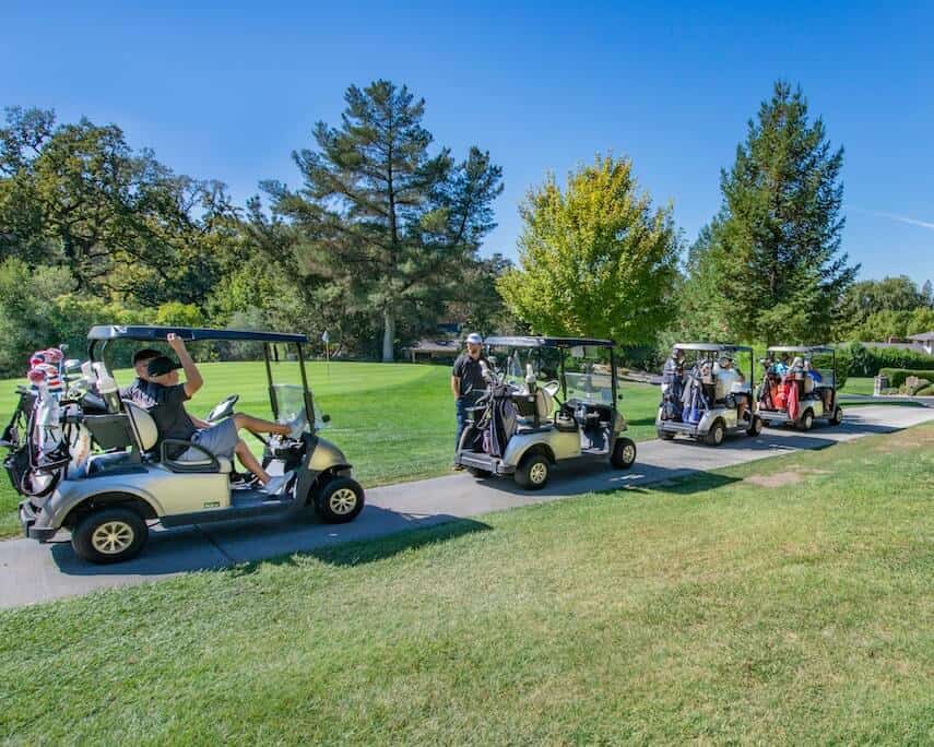4 Golf buggies in a row on a path with grass either side