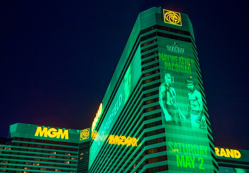 Mayweather v Pacquiao Banner on the side of the Green MGM Grand Hotel in Las Vegas