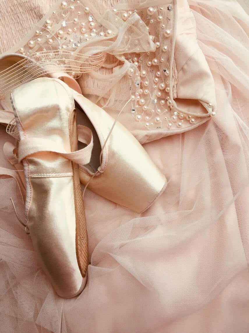 Pink pointe shoes on beaded chiffon fabric