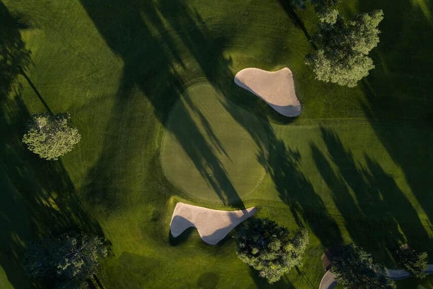 Putting Green with sand bunkers either side, as seen from above