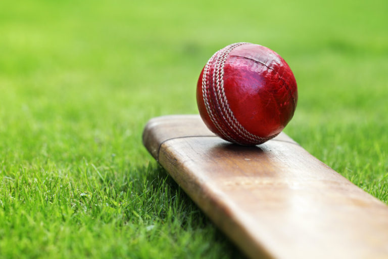 Top 100 Cricket Quiz Questions cover photo of a red cricket ball resting on a wooden cricket bat lay on green grass