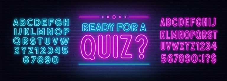 Ultimate Anagrams Quiz cover photo of a neon sign which says 'Ready for a Quiz' bordered by neon letters of the alphabet and numbers 1 through 10