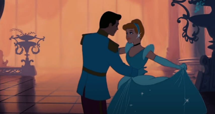Prince Charming and Cinderella dancing in the ballroom