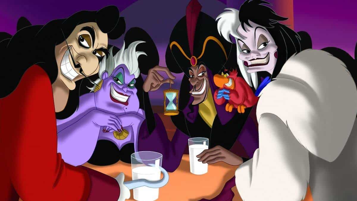 Disney Villains Quiz cover photo of Hook, Ursula, Jafar and Cruella de vil sitting around a table drinking glasses of milk