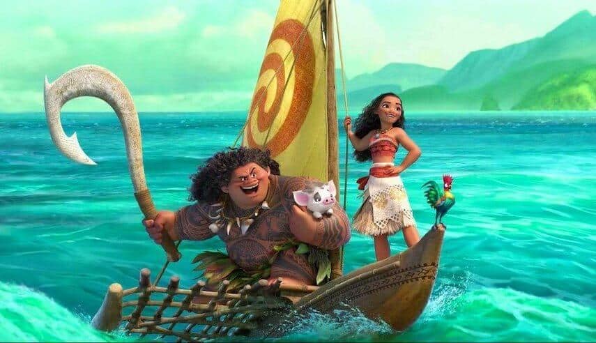 Moana, Maui, Heihei and Pua sailing on her boat with the spiral pattern on the sail