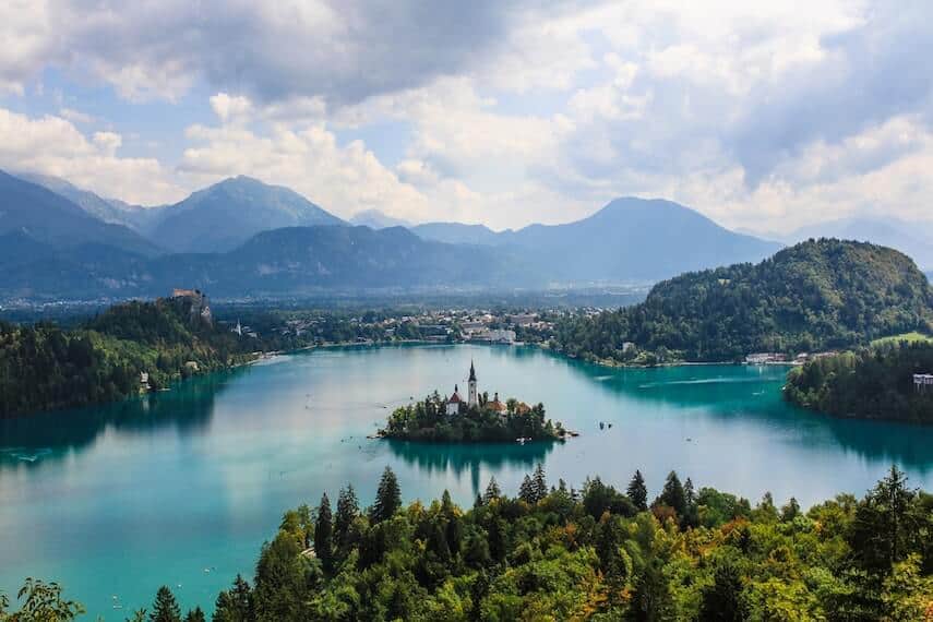 Island with a church on it at the centre of Lake Bled in Slovenia