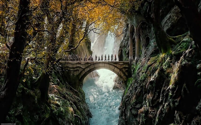 Lord Of The Rings movie scene crossing an arched bridge