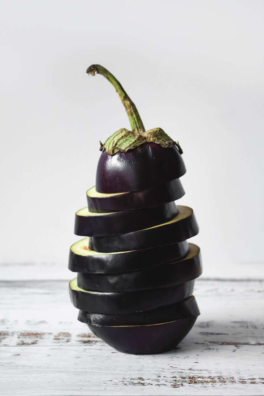 Aubergine sliced and stacked back together