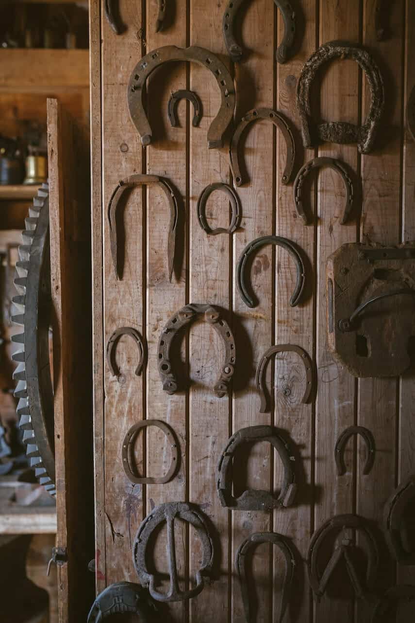 Different size brass horseshoes on a wooden panelled wall