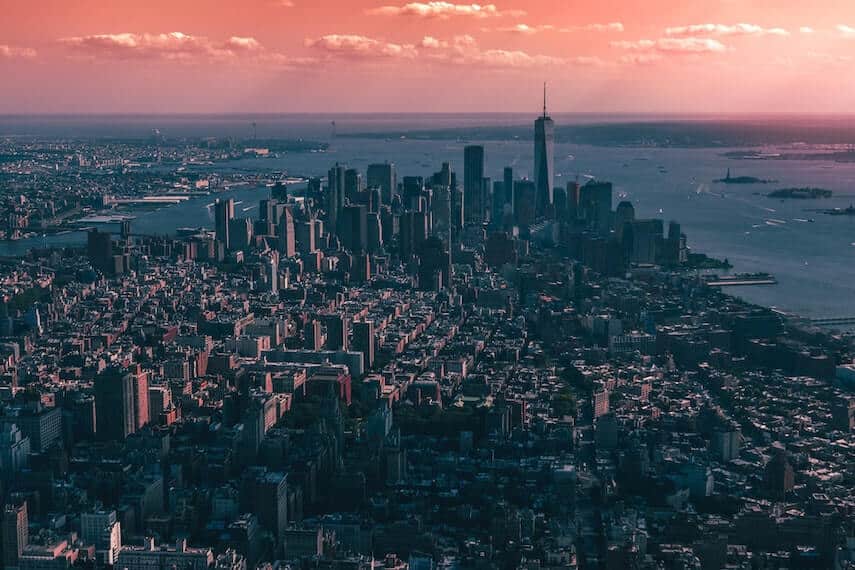 Manhattan Island from above at sunset