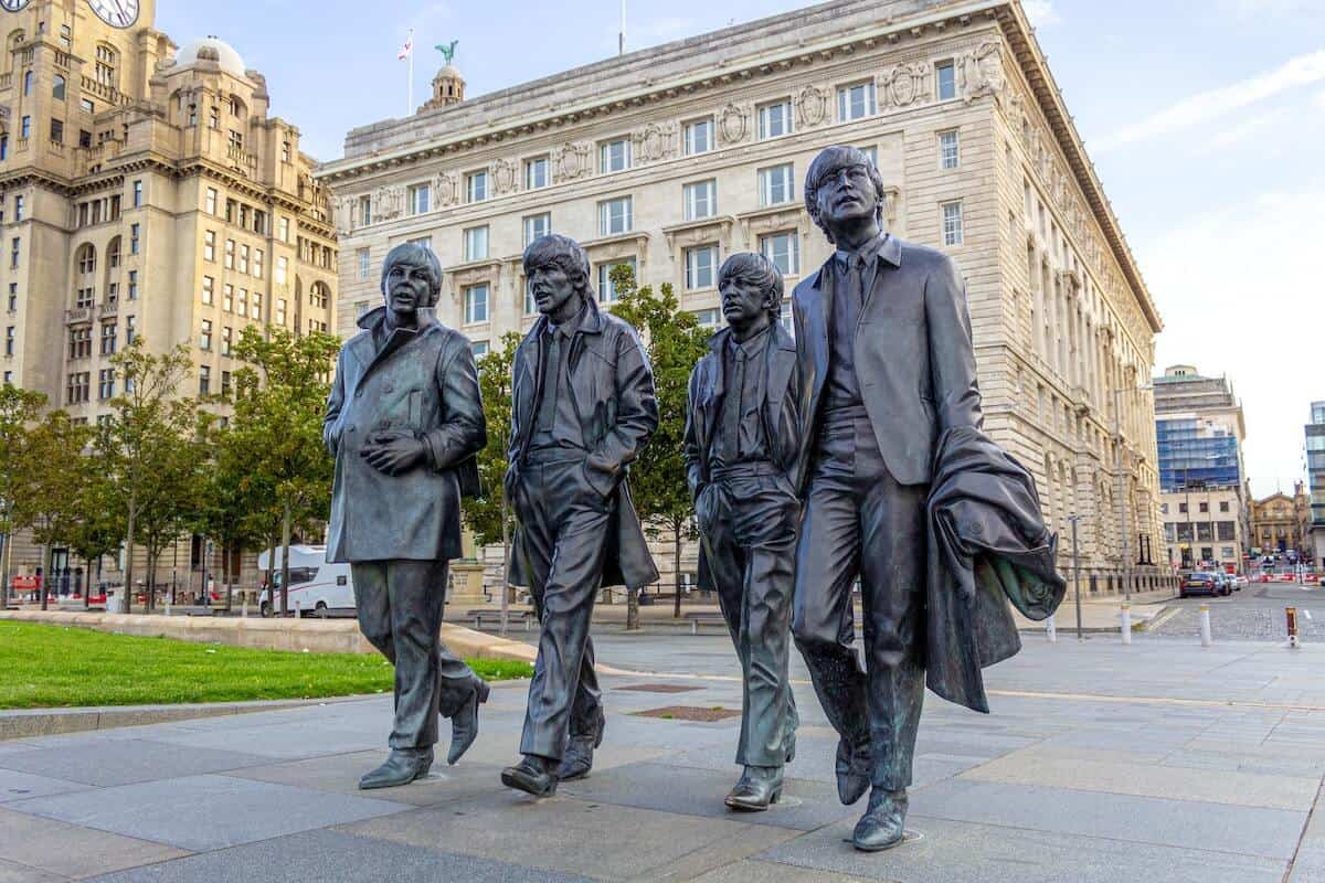 Beatles Quiz Cover Photo of Beatles iron statue of 4 men in Liverpool