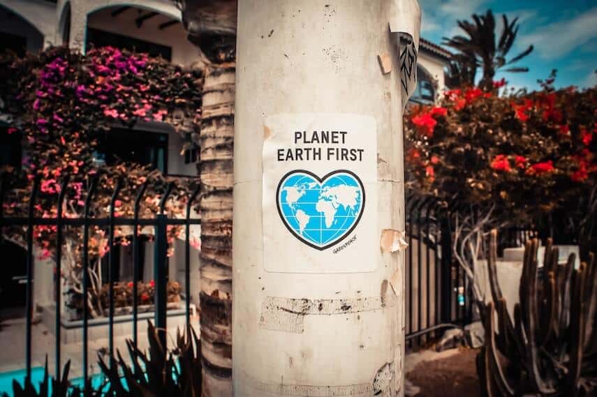 Greenpeace poster attached to a pole with the slogan -planet earth first-