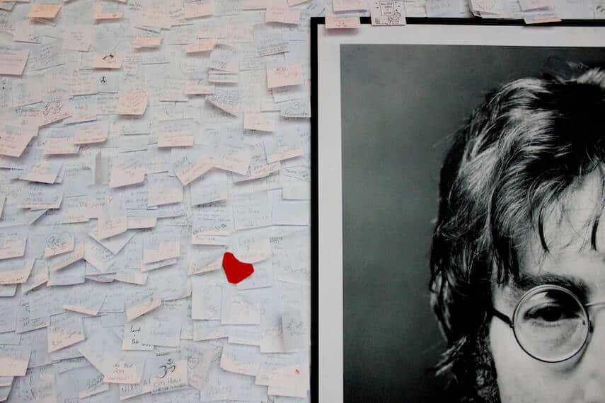 John Lennon portrait surrounded by hand-written post it notes