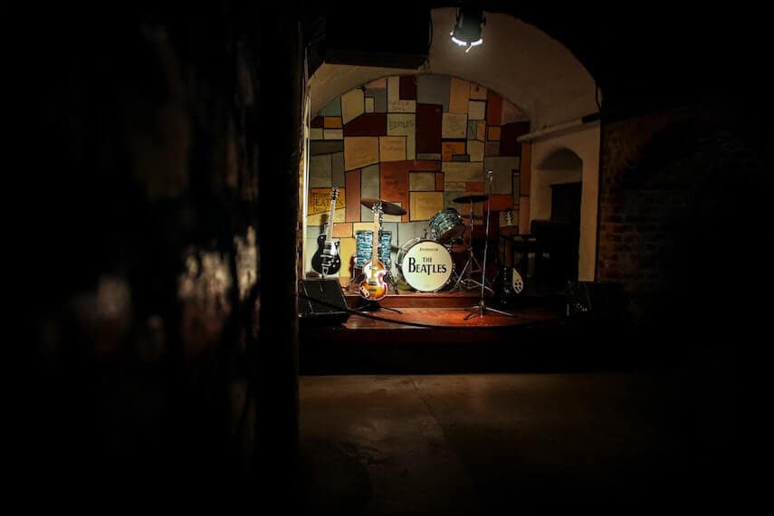 Replica of the Beatles drum skit and guitar set up in The Cavern Bar