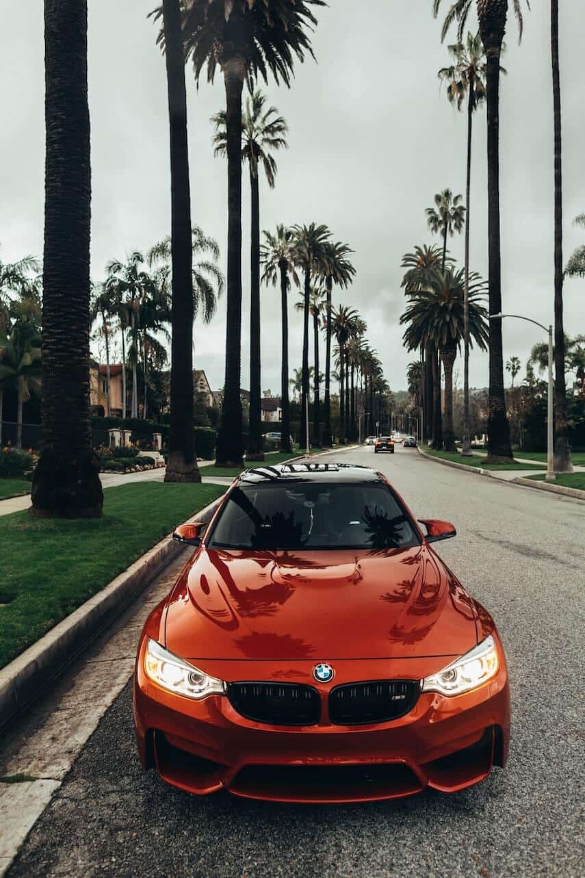 Sunburst Orange BWM parked on a palm tree lined street in LA