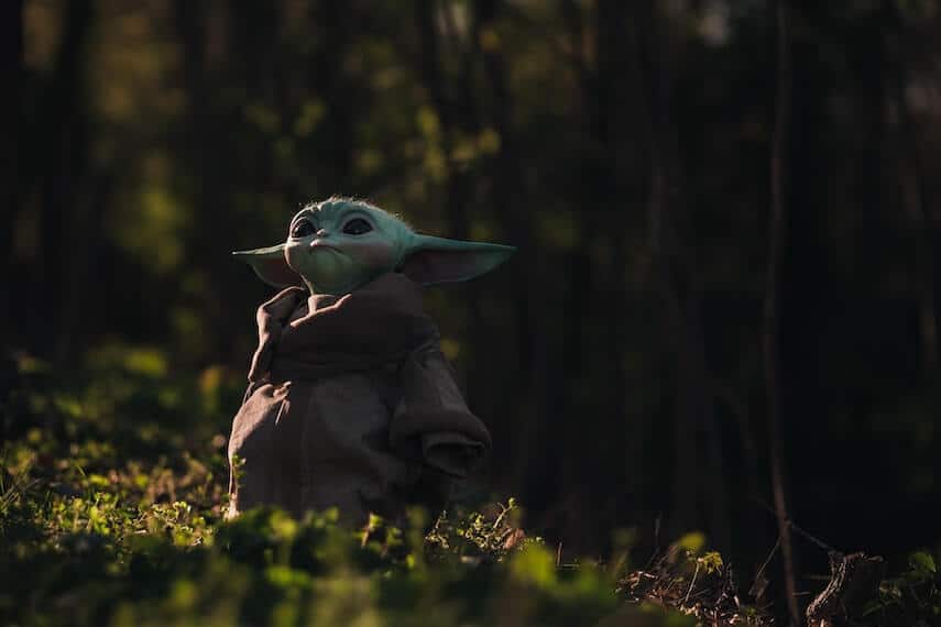 Baby Yoda figure stood in a forrest