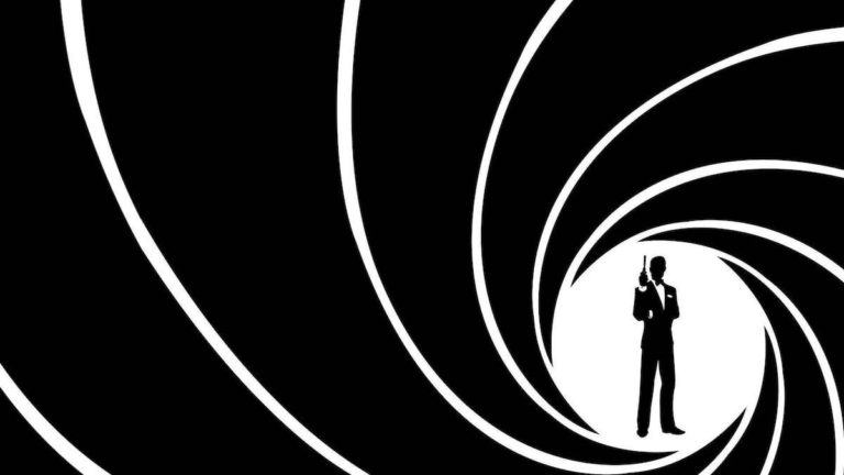 James Bond graphic of man standing in a white circle wearing a suit and holding a gun, the gun barrel stripes spiralling out away from him