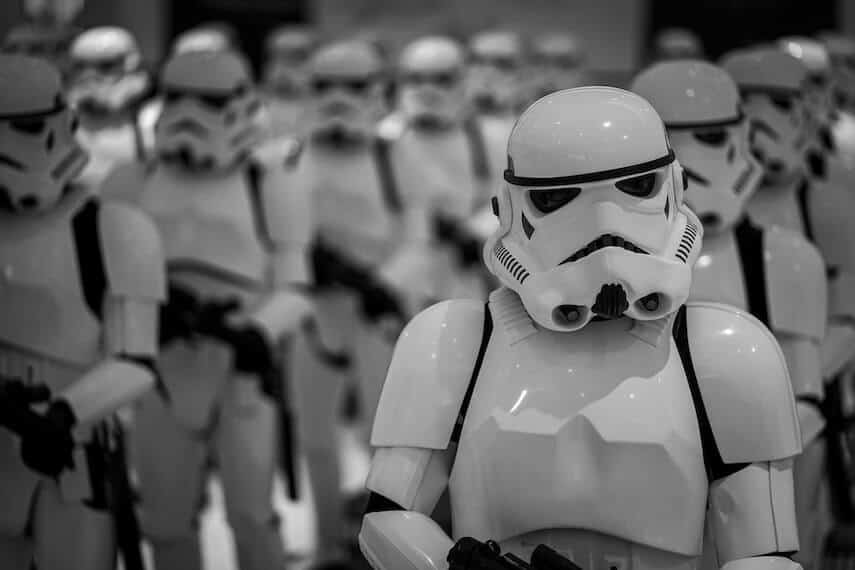 Rows of Stormtroopers in their white uniforms lined up