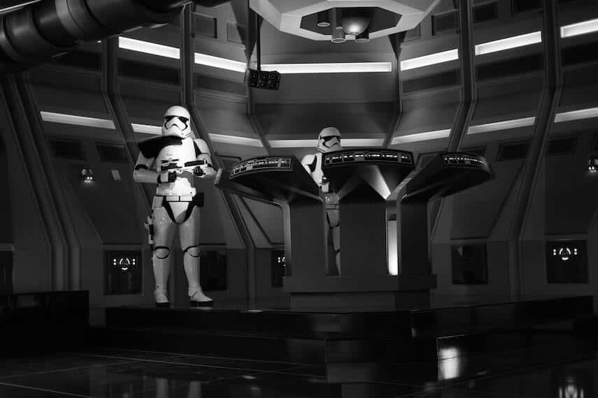 Two stormtroopers at their stations on a spaceship