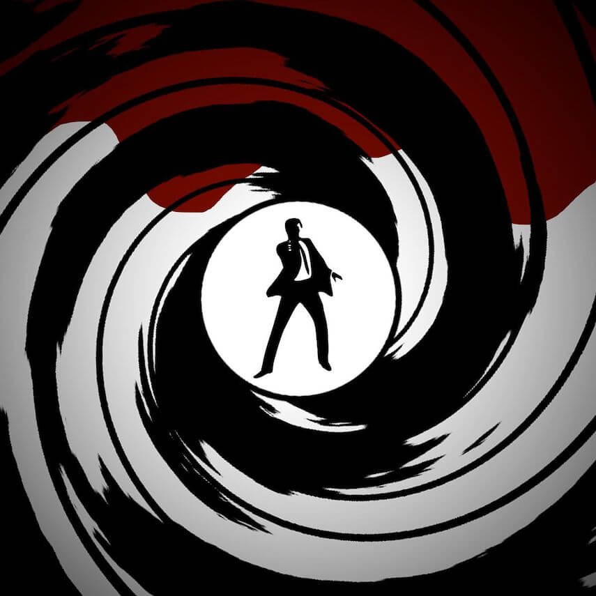 Vintage Bond graphic of man in suit shoot down the barrel of a gun, red blood dripping from the top of the screen