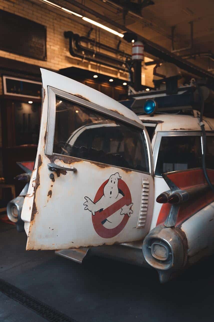 Back of the Ghostbusters vehicle parked in the Firehouse HQ