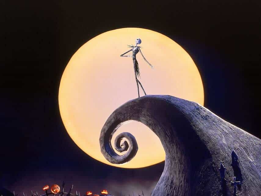 The Nightmare Before Christmas Movie Cover of Jack Skellington standing on mount in front of a full moon