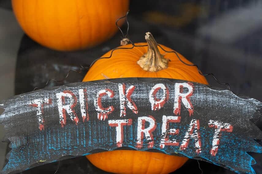 Trick or Treat Wooden sign in front of an orange pumpkin