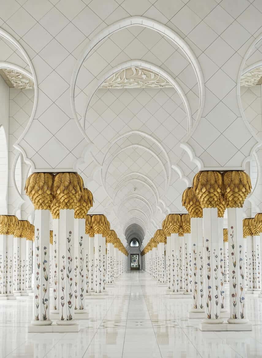 White and Gold pillars of the Shiekh Zayed Grand Mosque
